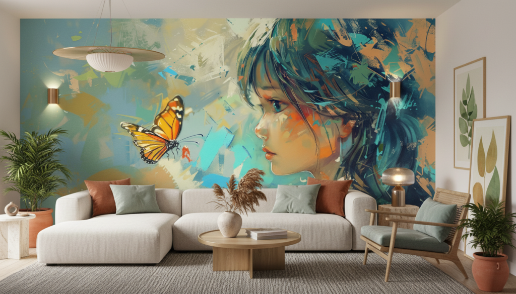 Papier Peint Artistique Enfant avec Papillon Coloré Style Aquarelle - Salon / Séjour