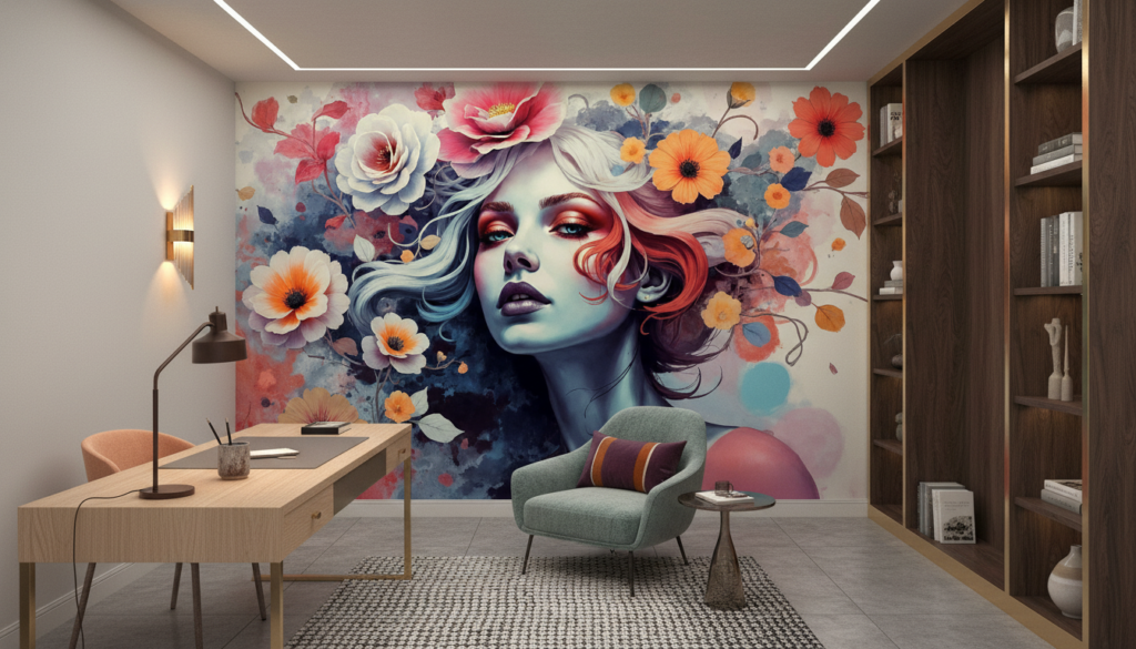 Papier peint artistique femme aux fleurs colorées style aquarelle - Bureau