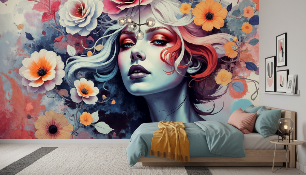 Papier peint artistique femme aux fleurs colorées style aquarelle - Chambre ado