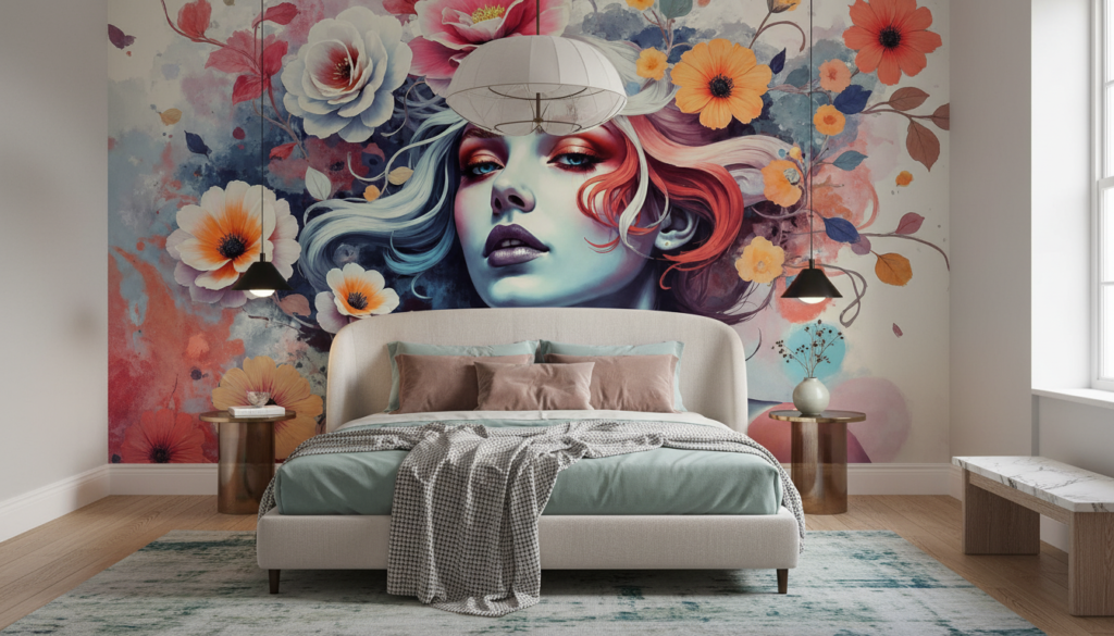 Papier peint artistique femme aux fleurs colorées style aquarelle - Chambre adulte