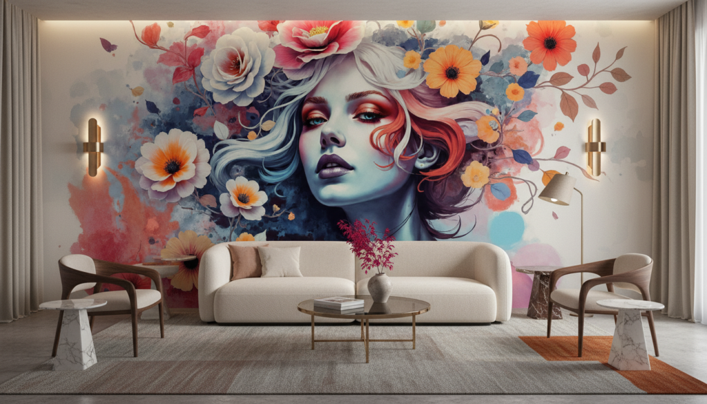 Papier peint artistique femme aux fleurs colorées style aquarelle - Salon / Séjour