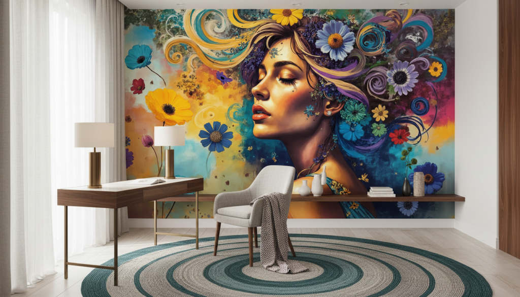 Papier peint artistique femme aux fleurs colorées style bohème - Bureau