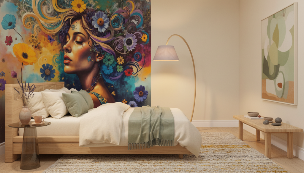 Papier peint artistique femme aux fleurs colorées style bohème - Chambre adulte