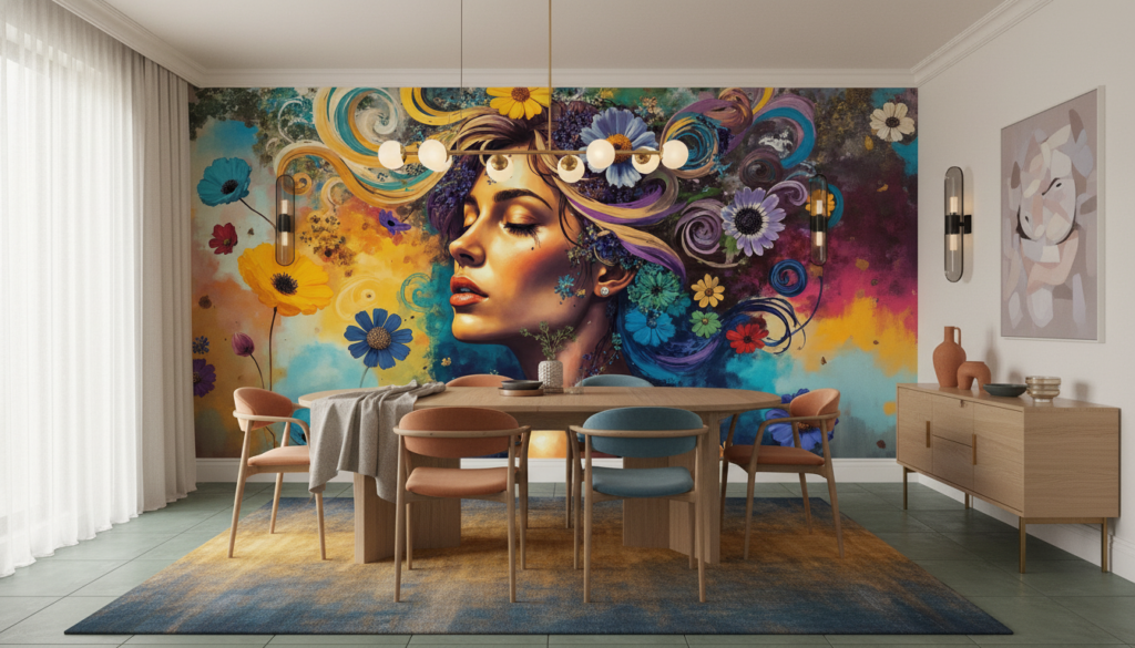 Papier peint artistique femme aux fleurs colorées style bohème - Salle à manger