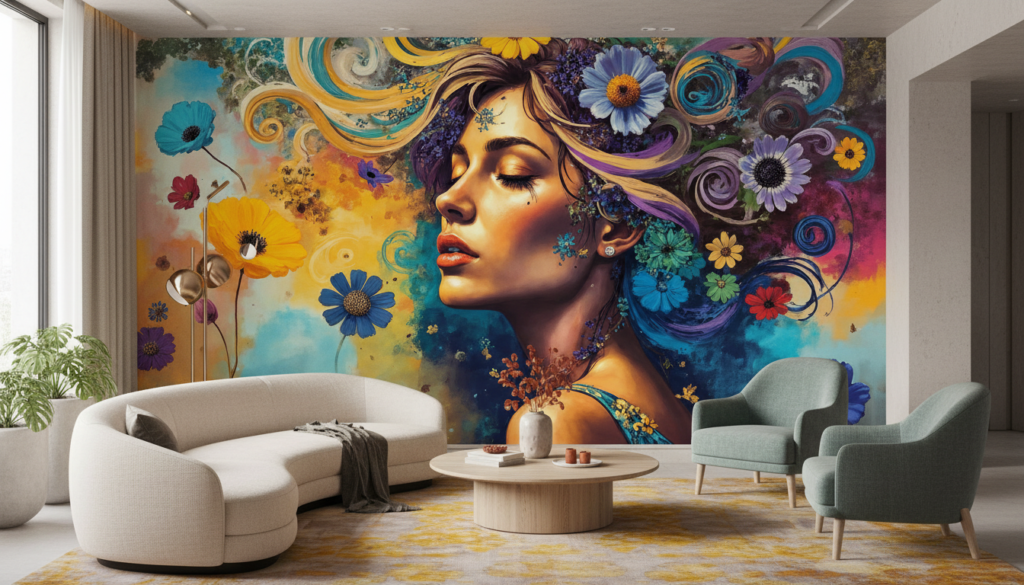 Papier peint artistique femme aux fleurs colorées style bohème - Salon / Séjour