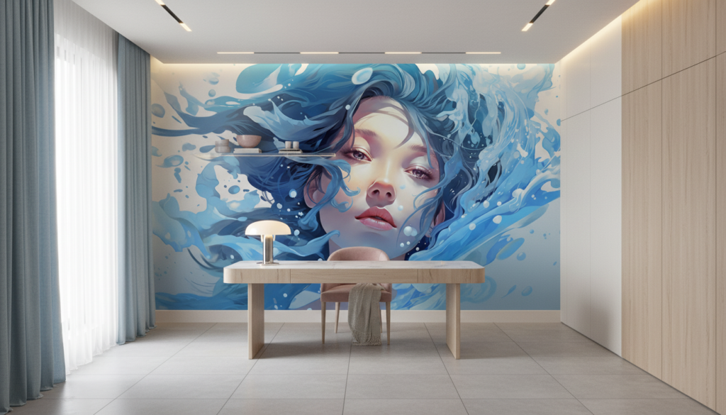 Papier peint artistique femme et vagues d'eau bleue stylisées - Bureau