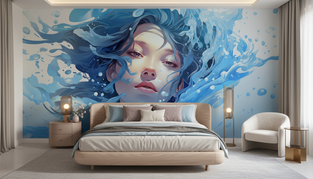 Papier peint artistique femme et vagues d'eau bleue stylisées - Chambre adulte