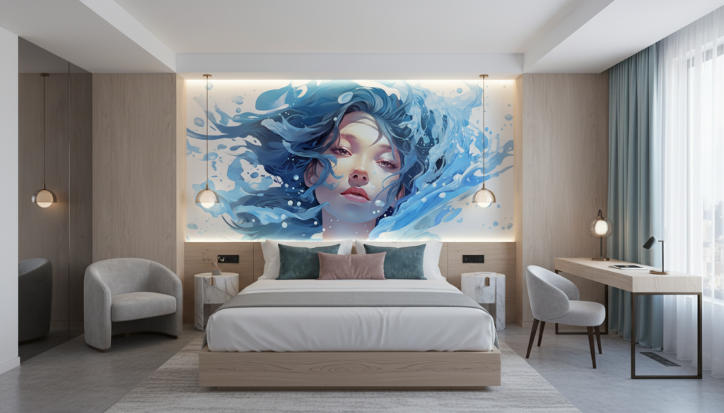 Papier peint artistique femme et vagues d'eau bleue stylisées - Hôtel