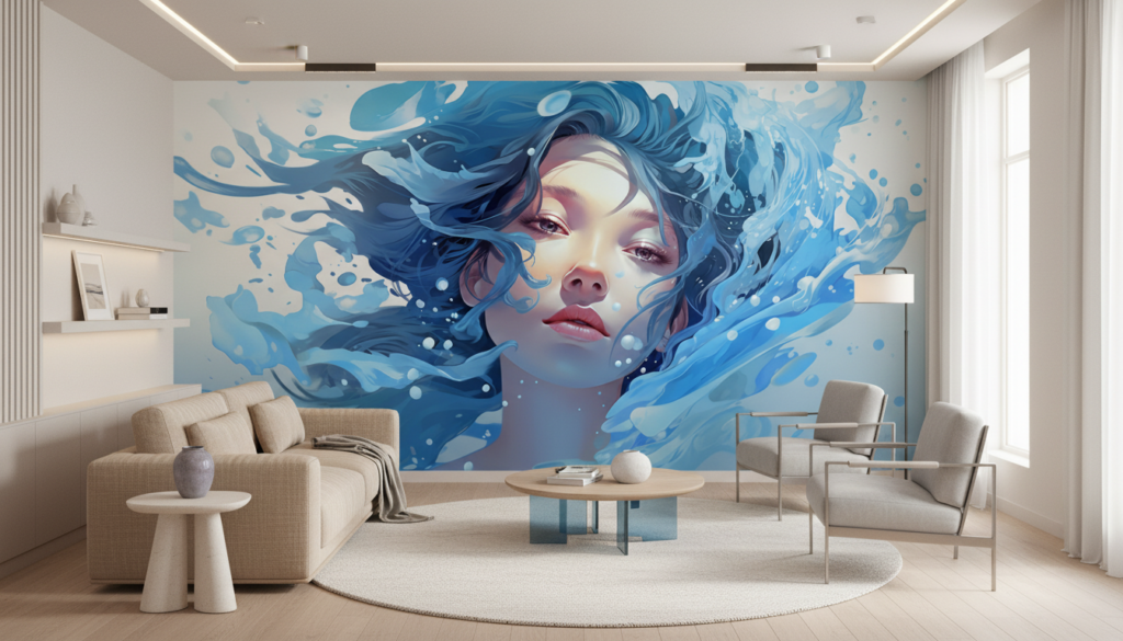Papier peint artistique femme et vagues d'eau bleue stylisées - Salon / Séjour