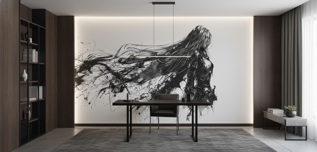 Papier peint artistique femme guerrière encre noire style manga - Bureau