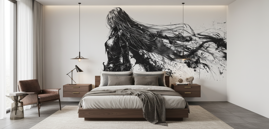 Papier peint artistique femme guerrière encre noire style manga - Chambre adulte