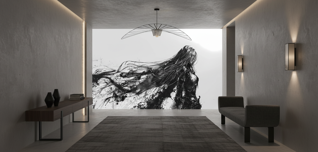 Papier peint artistique femme guerrière encre noire style manga - Couloir