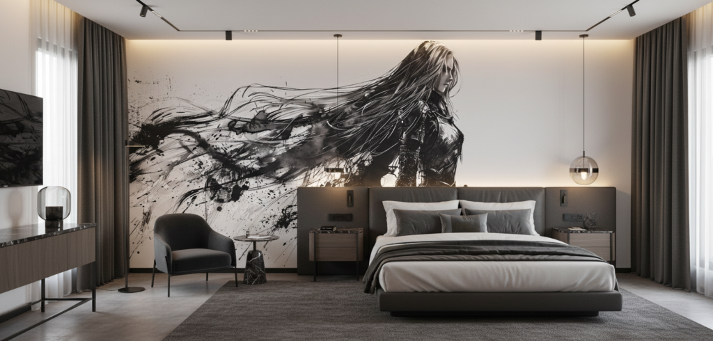 Papier peint artistique femme guerrière encre noire style manga - Hôtel