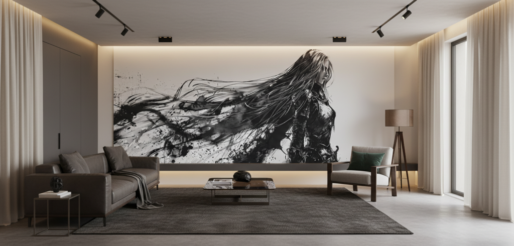 Papier peint artistique femme guerrière encre noire style manga - Salon / Séjour