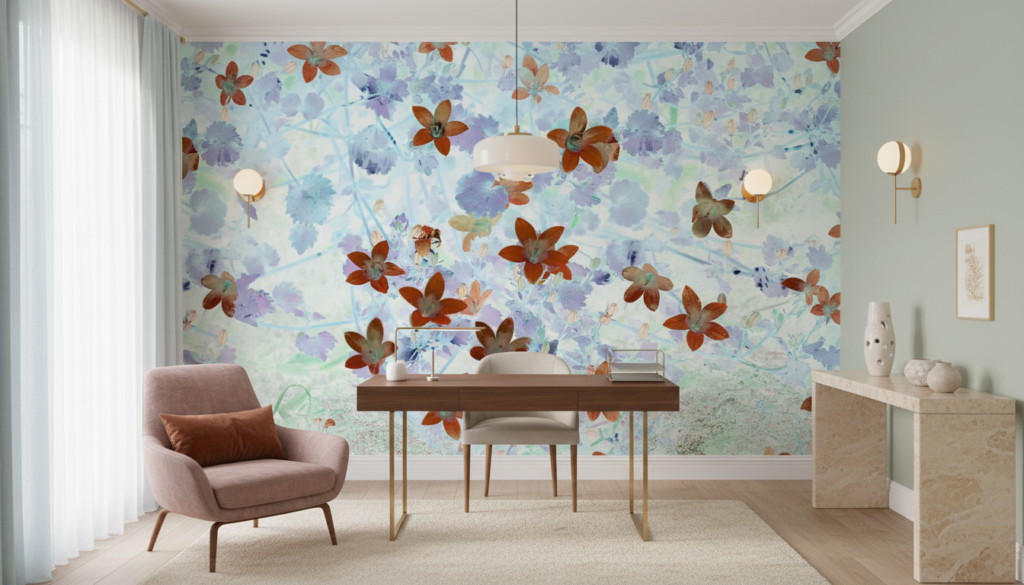 Papier peint artistique fleurs aquarelle rouge sur fond pastel bleu - Bureau