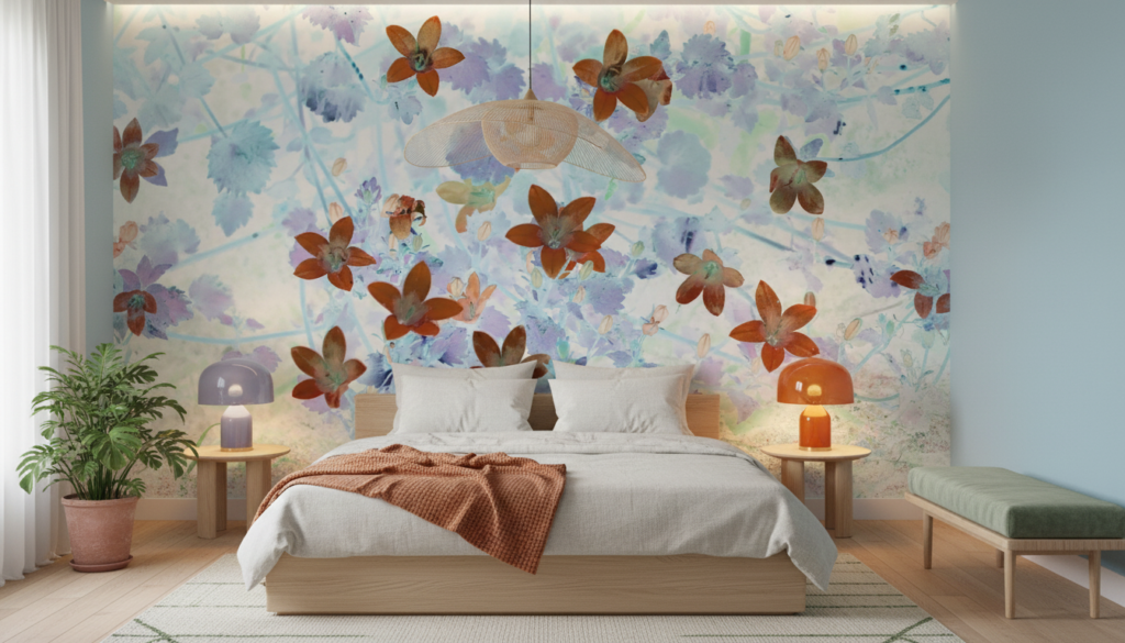 Papier peint artistique fleurs aquarelle rouge sur fond pastel bleu - Chambre adulte