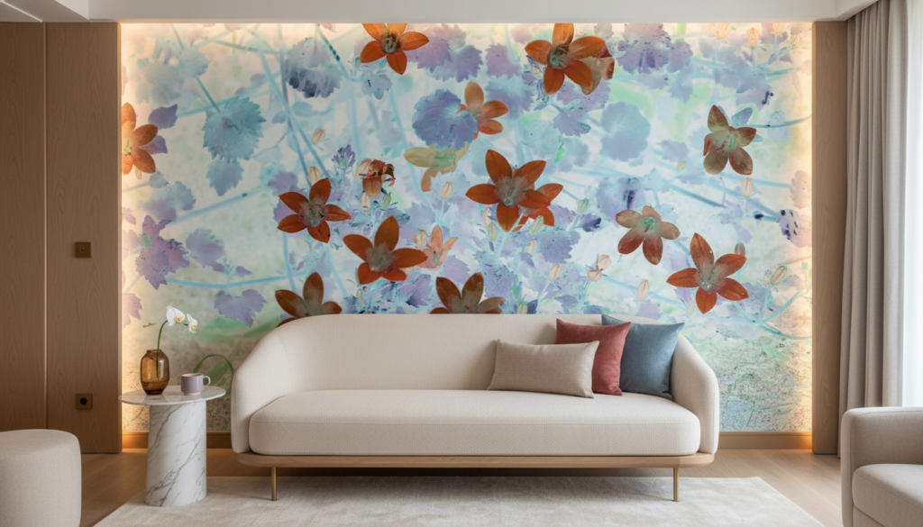 Papier peint artistique fleurs aquarelle rouge sur fond pastel bleu - Hôtel