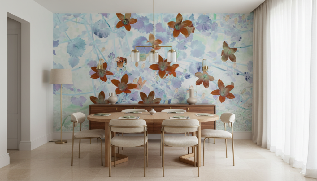 Papier peint artistique fleurs aquarelle rouge sur fond pastel bleu - Salle à manger