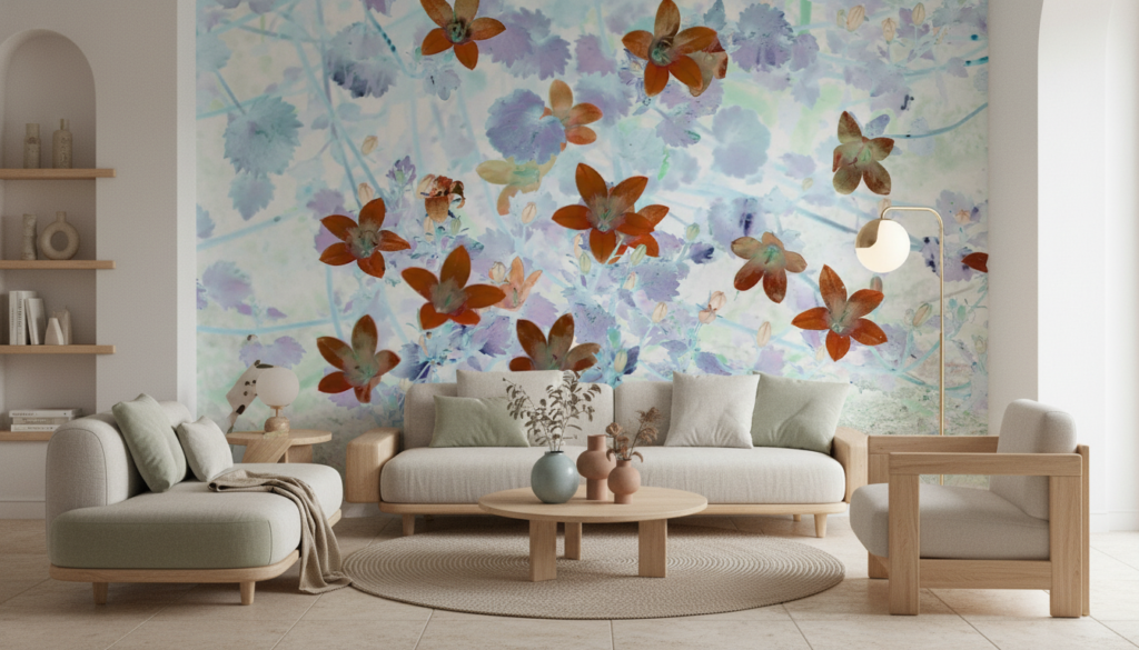 Papier peint artistique fleurs aquarelle rouge sur fond pastel bleu - Salon / Séjour