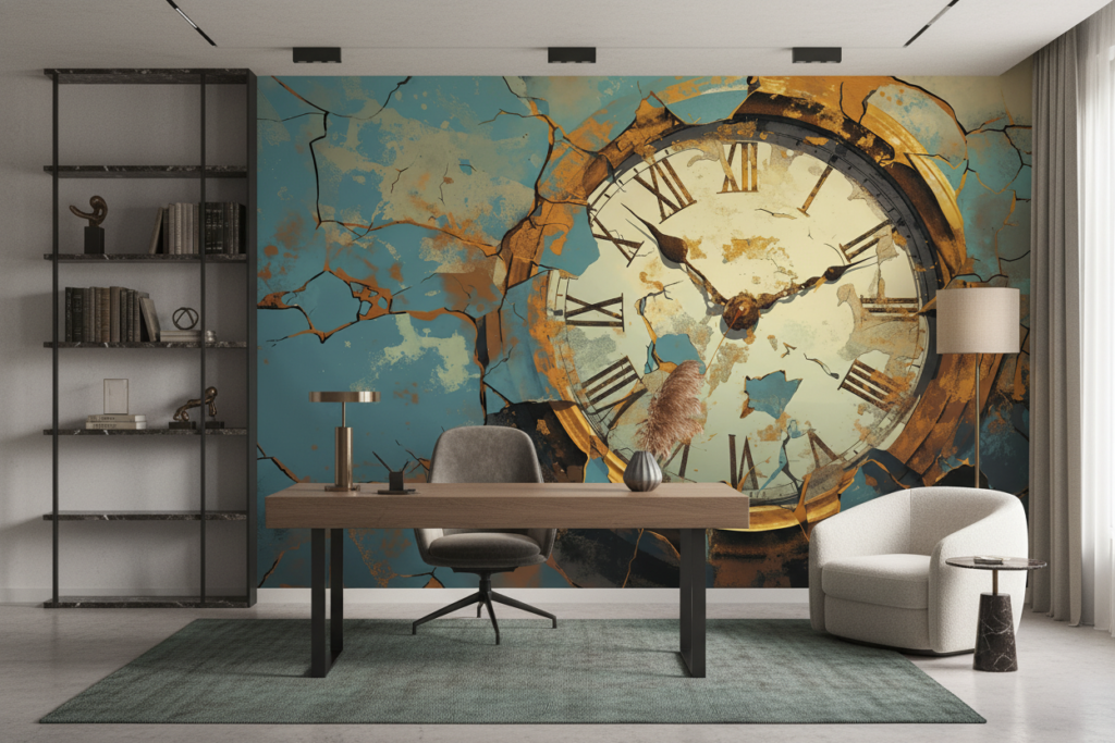 Papier peint artistique horloge vintage dorée sur fond fissuré bleu - Bureau