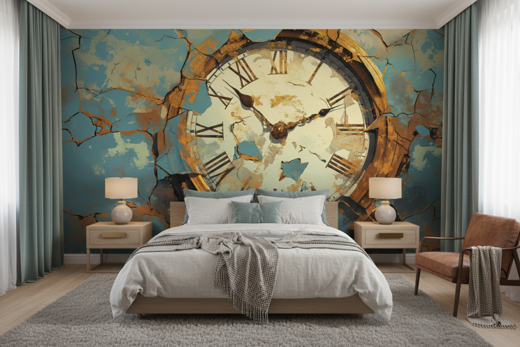 Papier peint artistique horloge vintage dorée sur fond fissuré bleu - Chambre adulte
