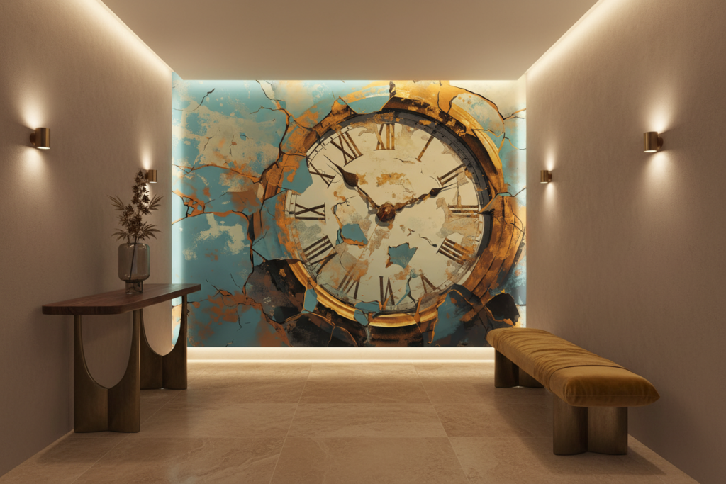 Papier peint artistique horloge vintage dorée sur fond fissuré bleu - Couloir