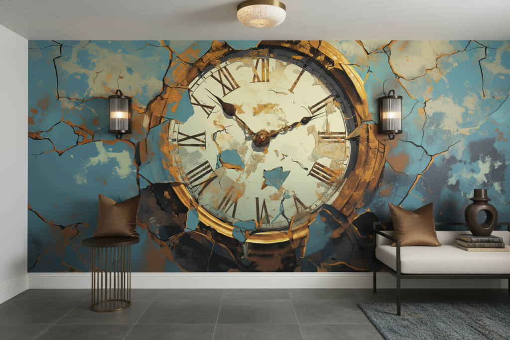 Papier peint artistique horloge vintage dorée sur fond fissuré bleu - Entrée