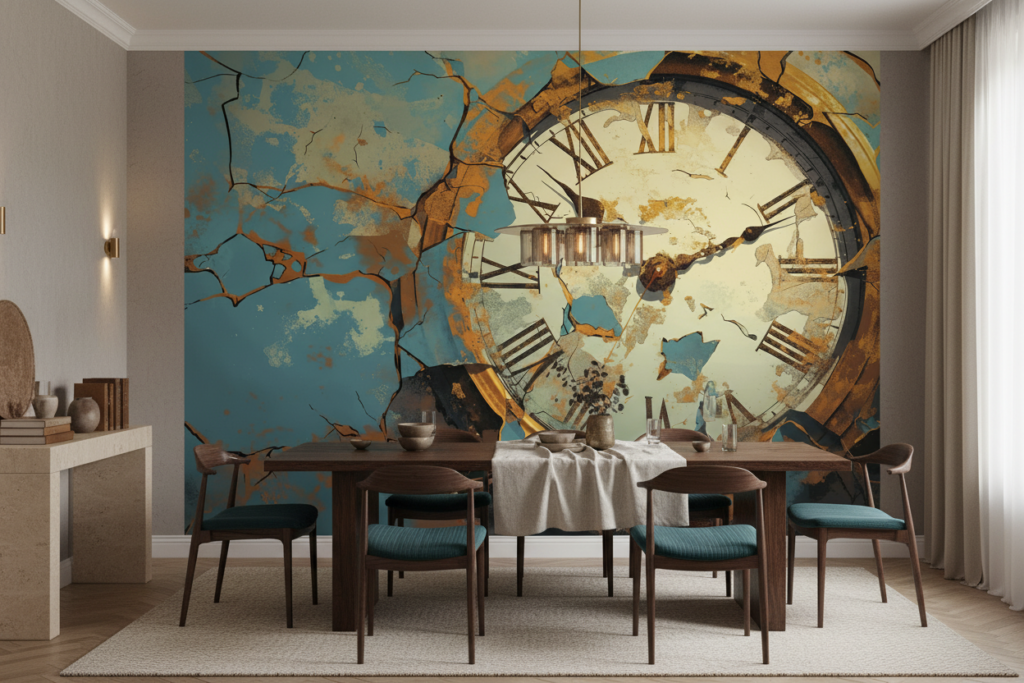 Papier peint artistique horloge vintage dorée sur fond fissuré bleu - Salle à manger