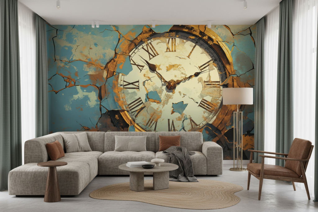 Papier peint artistique horloge vintage dorée sur fond fissuré bleu - Salon / Séjour
