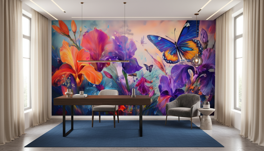 Papier peint artistique jardin d'iris colorés avec papillons vibrants - Bureau