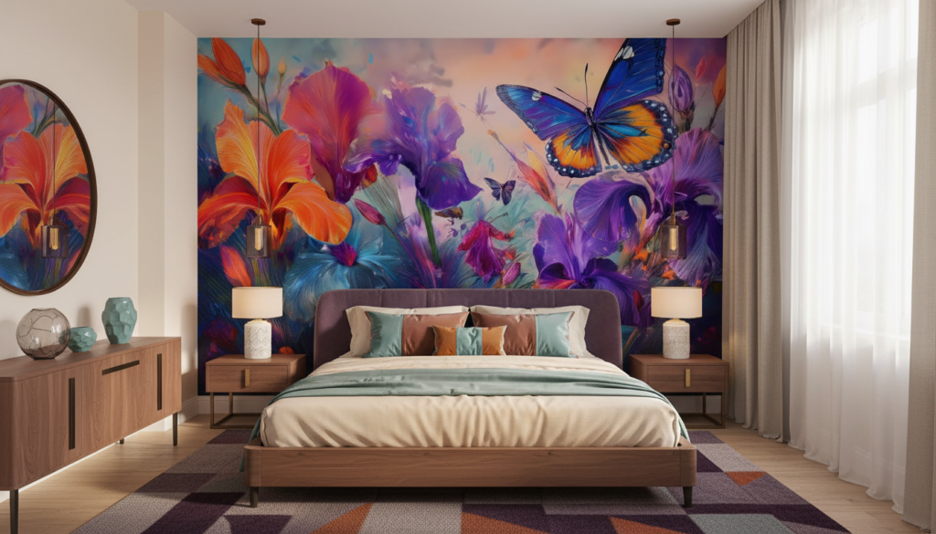 Papier peint artistique jardin d'iris colorés avec papillons vibrants - Chambre adulte
