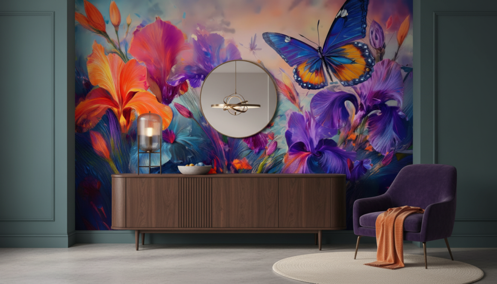 Papier peint artistique jardin d'iris colorés avec papillons vibrants - Entrée