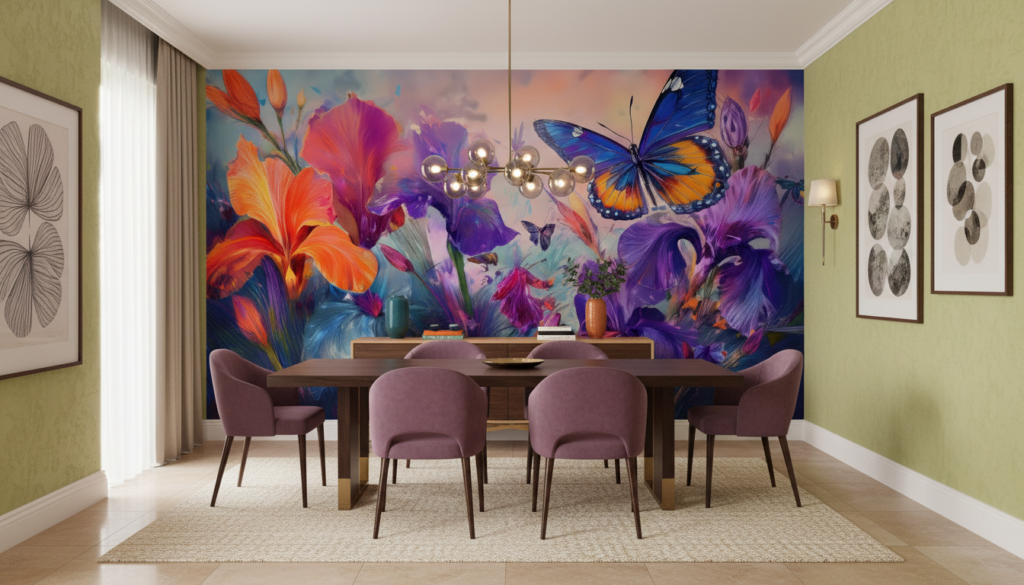 Papier peint artistique jardin d'iris colorés avec papillons vibrants - Salle à manger