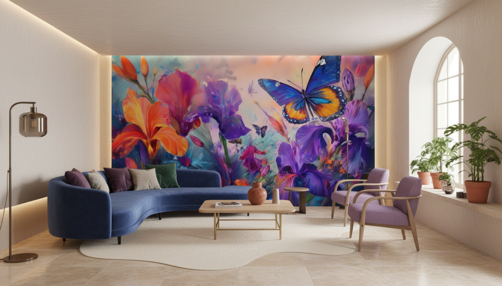 Papier peint artistique jardin d'iris colorés avec papillons vibrants - Salon / Séjour