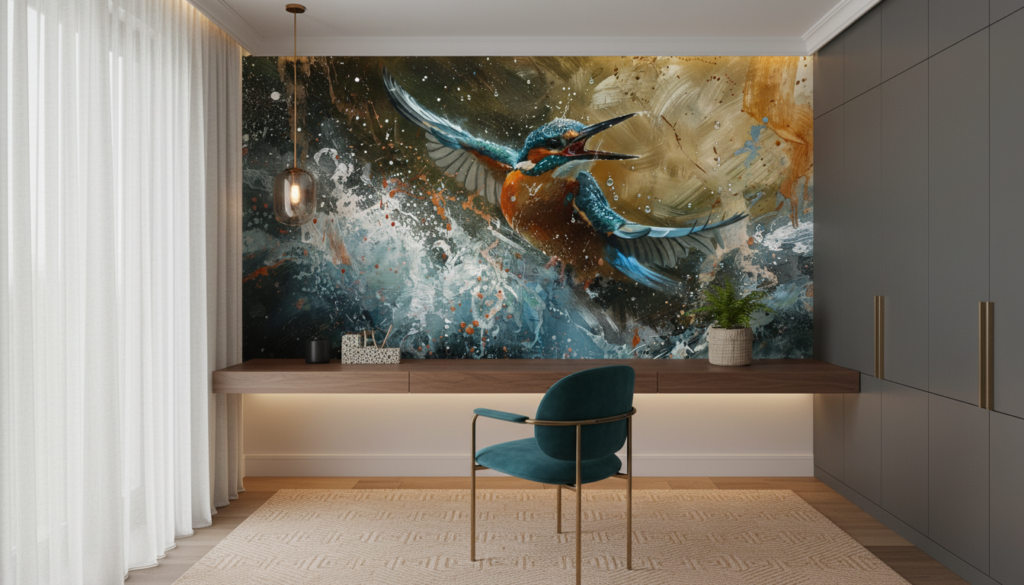 Papier Peint Artistique Martin-Pêcheur en Vol Éclaboussures Aquarelle - Bureau