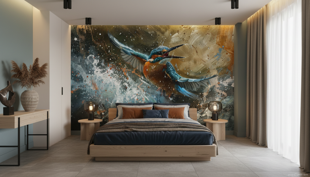 Papier Peint Artistique Martin-Pêcheur en Vol Éclaboussures Aquarelle - Chambre adulte