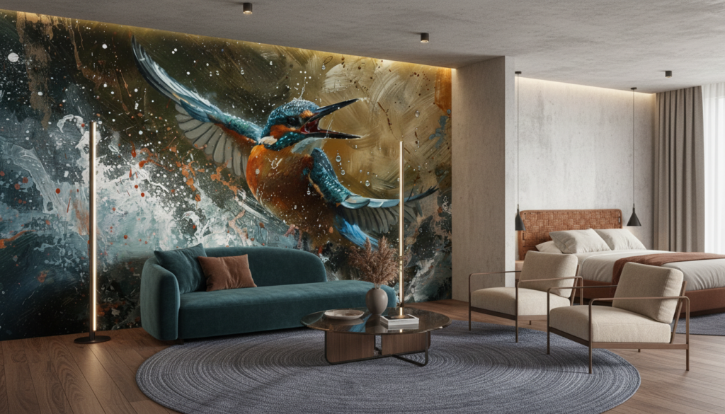 Papier Peint Artistique Martin-Pêcheur en Vol Éclaboussures Aquarelle - Hôtel