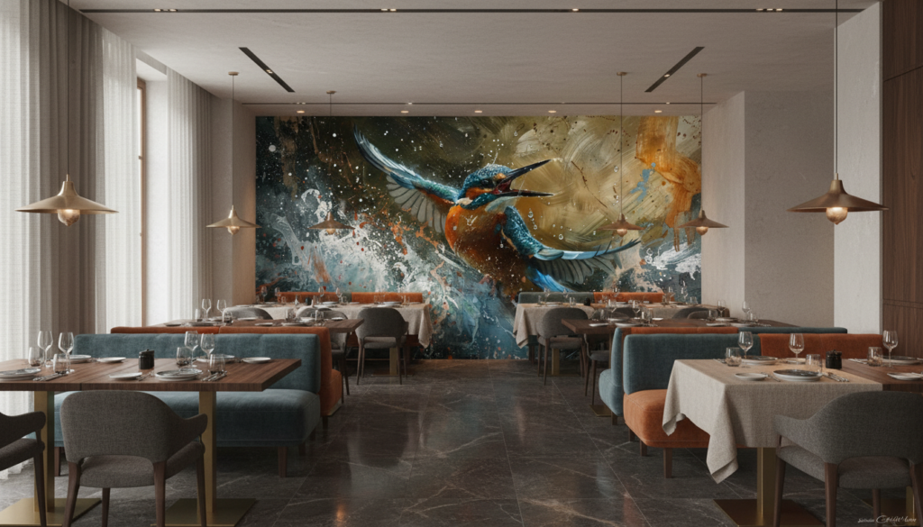 Papier Peint Artistique Martin-Pêcheur en Vol Éclaboussures Aquarelle - Restaurant