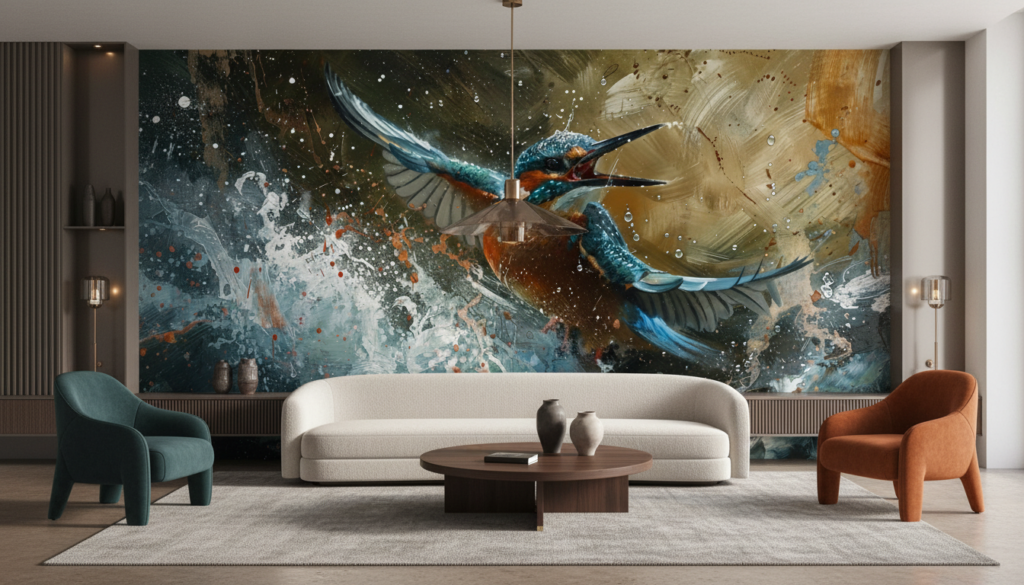 Papier Peint Artistique Martin-Pêcheur en Vol Éclaboussures Aquarelle - Salon / Séjour