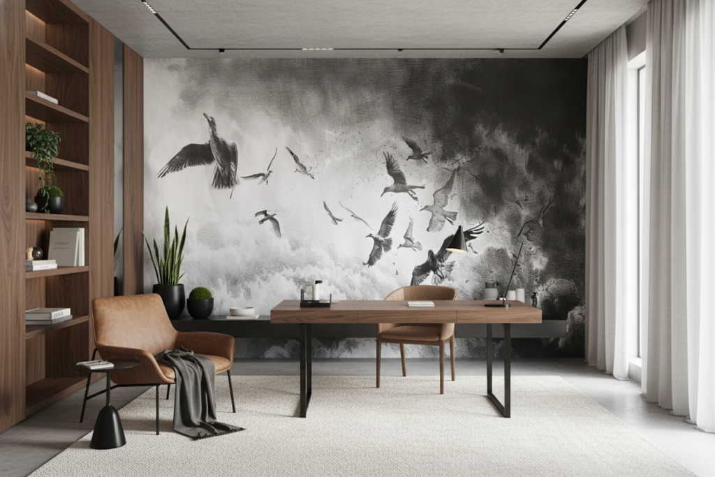 Papier peint artistique oiseaux en vol dans nuages dramatiques noir et blanc - Bureau