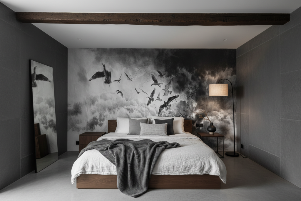 Papier peint artistique oiseaux en vol dans nuages dramatiques noir et blanc - Chambre adulte