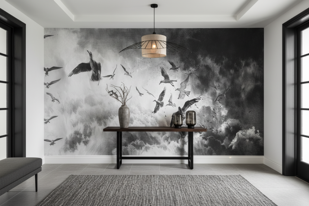 Papier peint artistique oiseaux en vol dans nuages dramatiques noir et blanc - Entrée