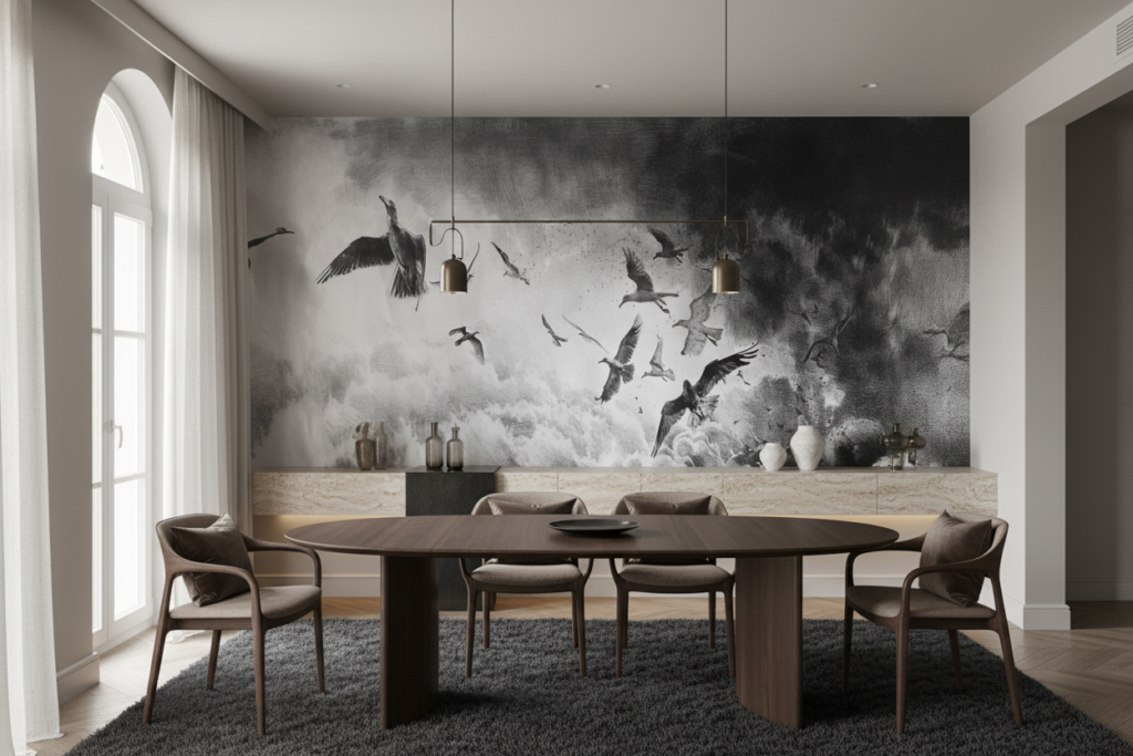 Papier peint artistique oiseaux en vol dans nuages dramatiques noir et blanc - Salle à manger