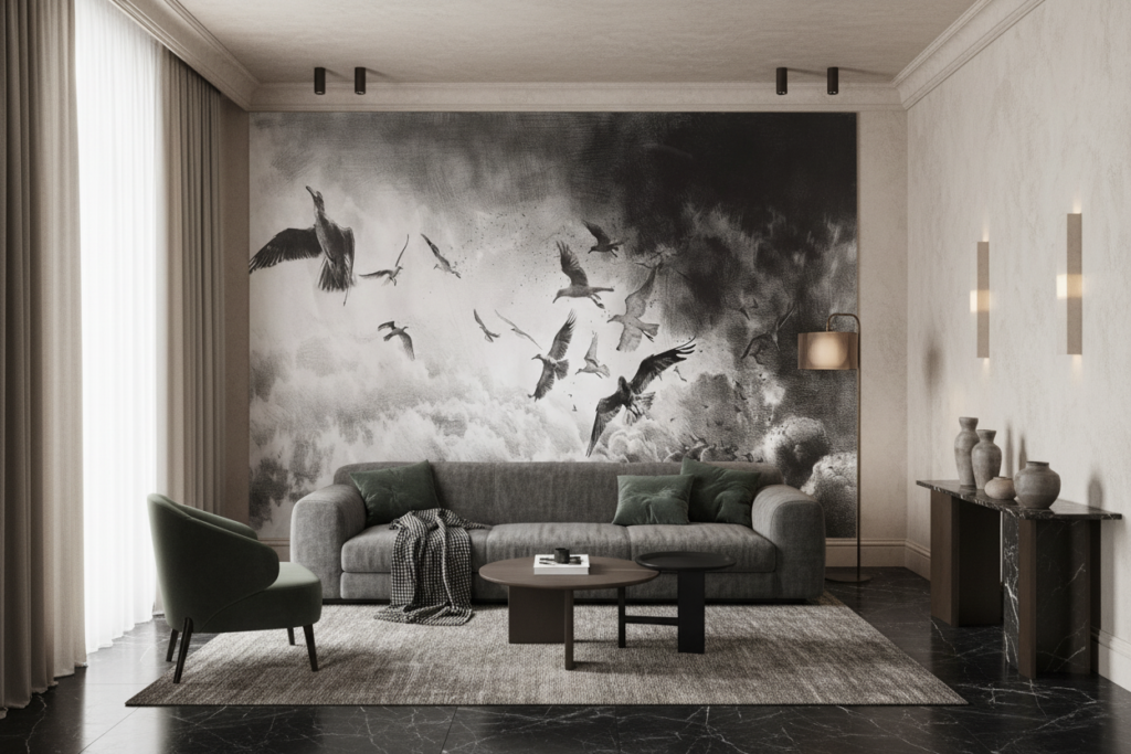 Papier peint artistique oiseaux en vol dans nuages dramatiques noir et blanc - Salon / Séjour