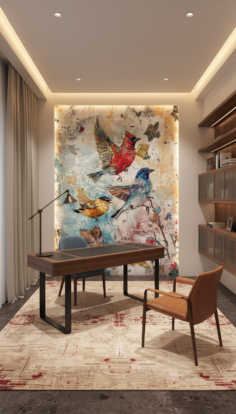 Papier Peint Artistique Oiseaux Multicolores sur Fond Aquarelle Vintage — Bureau