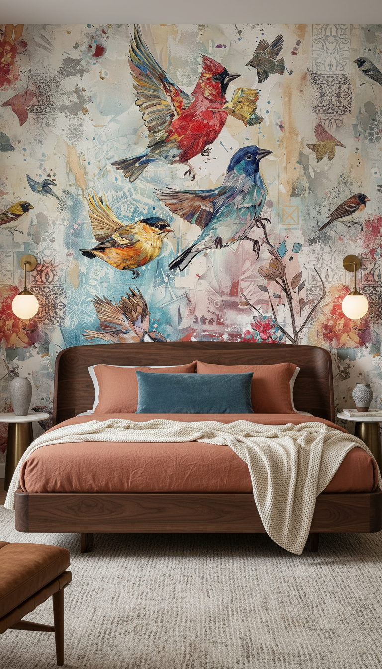 Papier Peint Artistique Oiseaux Multicolores sur Fond Aquarelle Vintage — Chambre adulte