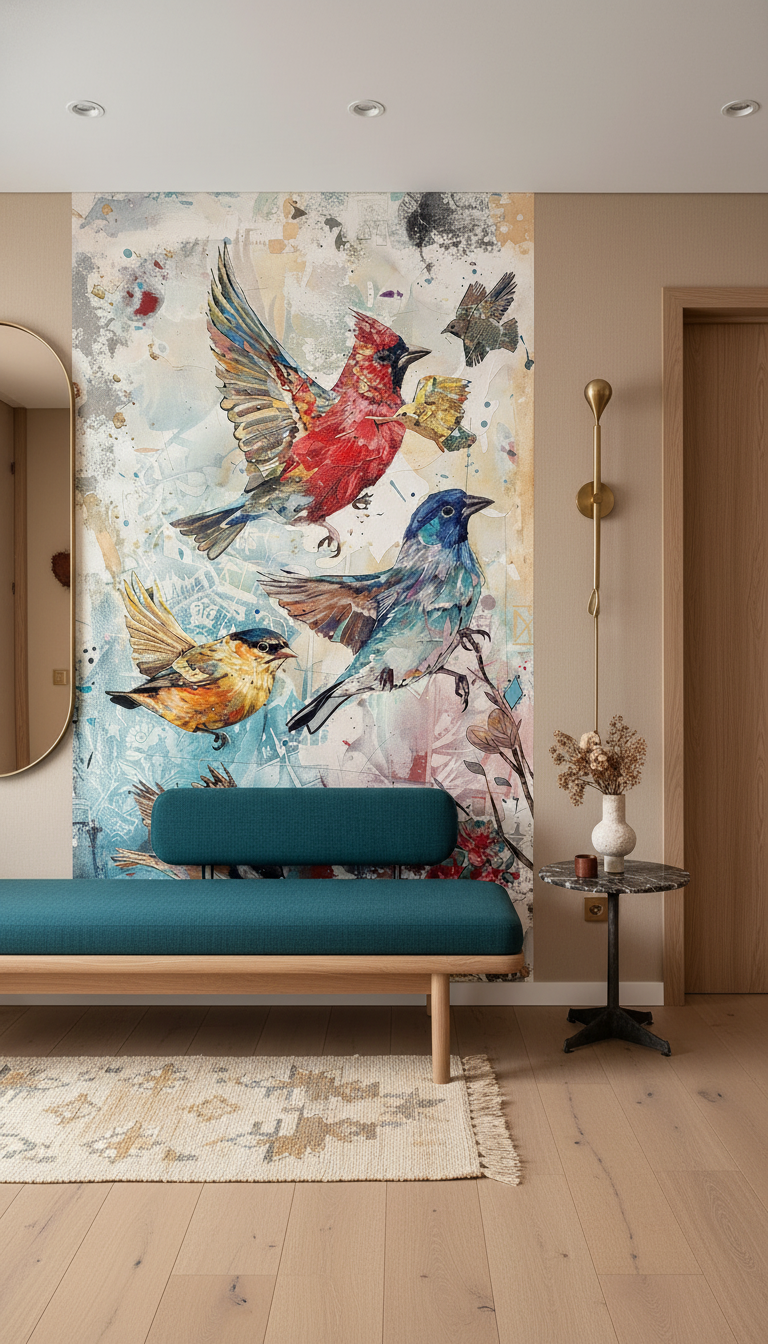 Papier Peint Artistique Oiseaux Multicolores sur Fond Aquarelle Vintage — Entrée