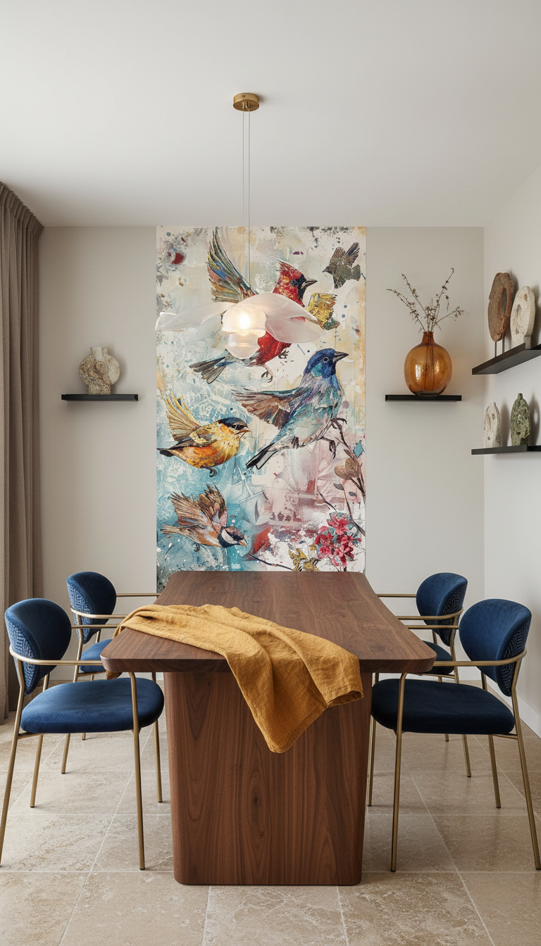 Papier Peint Artistique Oiseaux Multicolores sur Fond Aquarelle Vintage — Salle à manger