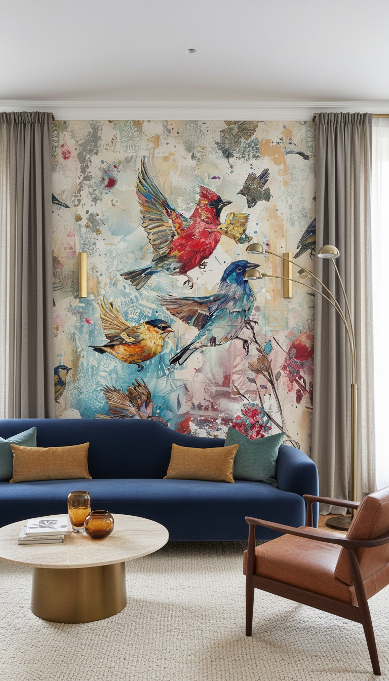 Papier Peint Artistique Oiseaux Multicolores sur Fond Aquarelle Vintage - Salon / Séjour