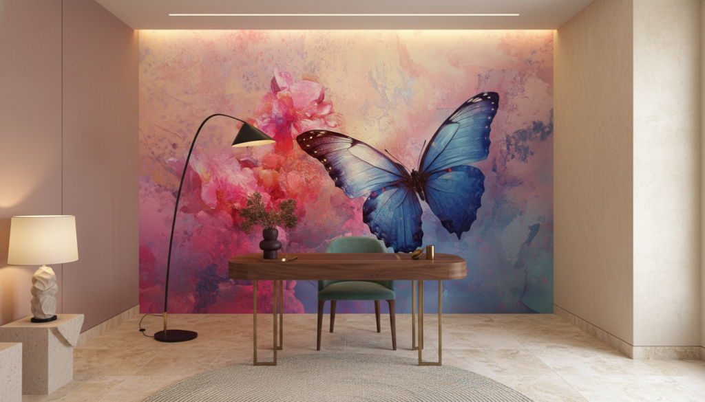 Papier Peint Artistique Papillon Bleu et Fleurs Roses Aquarelle - Bureau